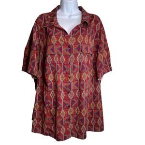 Catherines Women's Geometric Diamond Print Button Up Shirt Size 2X Casual Preppy